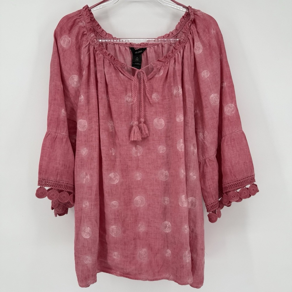 Ali Miles 100% Linen Pink Tunic Top Boho Embroidered Tassels Resort Vacation XL